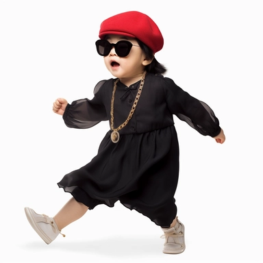 Singer Yoko Ono as a 2 year old toddler, wearing a classic black satin chanel dress, red shoes, red velvet bowler hat, gold silk scarf, dancing, irradiant facial expression, plain white background, clipart