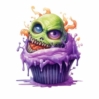 delicious halloween cupcake with brains, eyeballs and teeth, watercolour illustration clipart, extremely detailed, 4k, high quality, colour scheme black, purple, lime green, orange, isolated on white background