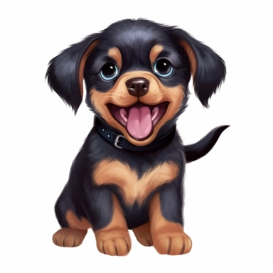 single isolated asset, cute happy Rottweiler puppy dancing, front view, chibi style, watercolor, professional vector clipart, white background