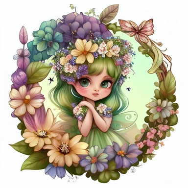 a cure fairy with a wreath of flowers and butterflies, by Jasmine Becket-Griffith, cute detailed artwork, cute detailed digital art, , whimsical and cute, fairy in flowers, magical fairy,, fantasy illustration, illustration, fantasy flowers and leaves, aesthetic cute with flutter, front page of art station, goddess of spring, flower frame, spring theme, clipArt style, solid whir backgtounf