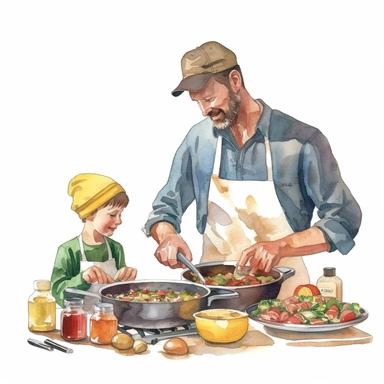 A father and son cooking together in the kitchen, wearing chef hats and aprons, Watercolor, Clipart, detailed, high resolution, transparent background PNG