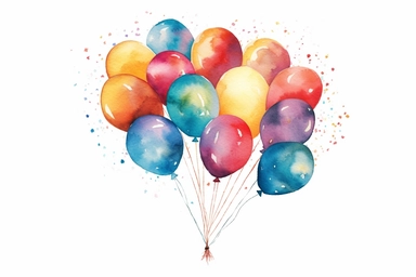 Watercolor, Generate an artistic interpretation of a bunch of balloons floating away. clipart, hd, on a white background, spaced out