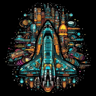Space clipart, detailed spaceship, detailed, vibrant, contour, black background