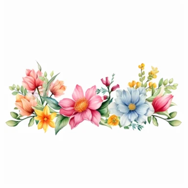 watercolor, Horizontal white banner or floral backdrop decorated with gorgeous multicolored blooming flowers and leaves border. Spring botanical png Full body realistic cartoon in 32K UHD cute. 15 cm thick outline. Black color. There was no shadow on the ground. 8k with realistic watercolors and detailed illustrations. PNG clipart, transparent white background