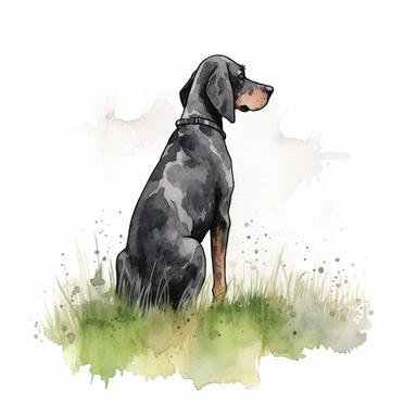 back view full body large Bluetick coonhound with black coat, on lawn, watercolor, and ink drawing, clipart, happy, gentle smile, beautiful watercolor ink wash coloring, thick pencil lines, Jon klassen, Adrian tomine, popular on etsy, watercolor illustrations clipart, watercolor illlustrations for kids, white background