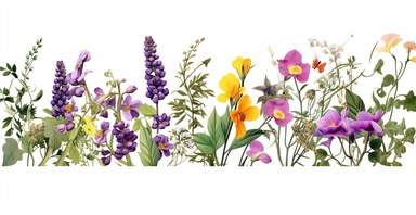 Pressed boho cottagecore floral clipart violet, honeysuckle, black-eyed susan, wild rose and orchids floral border wildflowers with green foliages floral nature garden border, clipart with white background