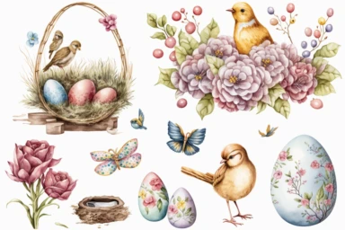 easter items clipart set isolated on white. Watercolor easter concept illustration set. Easter themed design on a white background, watercolor, hyperrealism, high detail, separate elements, set