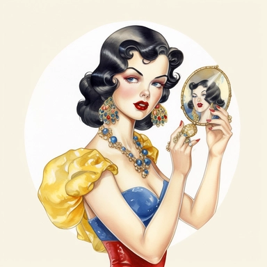 Hand drawn 1950’s pin up woman, dressed like Disney's Snow white, holding a gold hand mirror, shades of blue yellow and red, very glamorous with jewelry, half body, very detailed and realistic, watercolor, white background with margins, clipart style