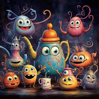 Whimsical magical wacky tea pots, dancing, large eyes, big smile, muted colors, swirls, twists, twirls, metallic, glitter, stylized, funny, centered, airbrushed, digital oil, detailed illustration, clip art, cartoon, 8k,-- ar 9:8