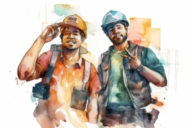 watercolor construction workers clipart, Boost motivation and job satisfaction by ensuring fair compensation, fostering a culture of recognition, and engaging in meaningful job assignments, hd, on white background, spaced out