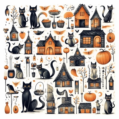 whimsical halloween clipart set, black cat, pumpkins, candles, sweets, ghosts, bats, spiders, haunted house, Minimal vintage, highly detailed, white background