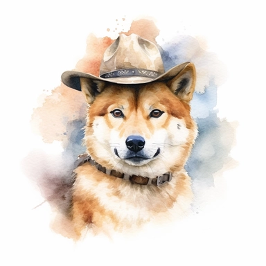 Akita Inu dog wearing cowboy hat, watercolor, sharp illustration clipart, insane detail, white background