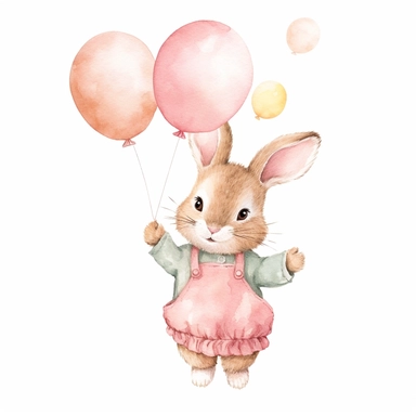 Watercolor svg clipart of a cute cartoon adorable Peter rabbit kawaii animal holding a pink balloon illustration by Beatrix potter , pastel pink dress, png isolated on white background