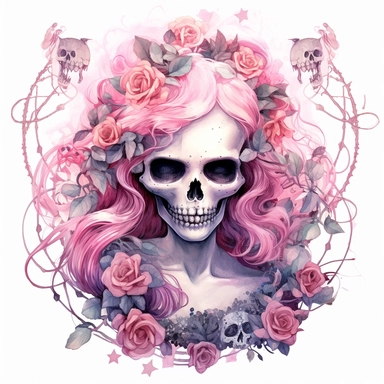 skeleton with pink hair, gothic, flowers, spiders, watercolor, clipart elements, smooth gradients, black contour outline, ultra detailed, white background, super clear, high quality