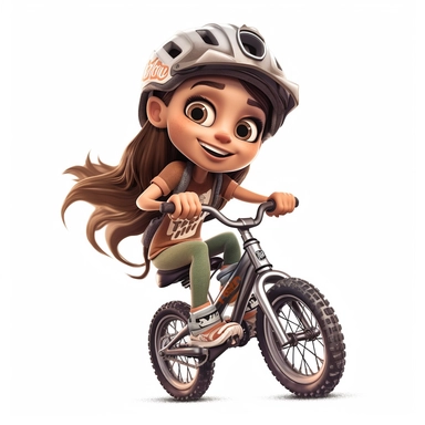 cute young chibi girl riding a mountain bike downhill in action, smiling, full body, downhill bicycle clipart, Sport graphics, 16k polished, isolated on white background, 3d, rendered by pixar