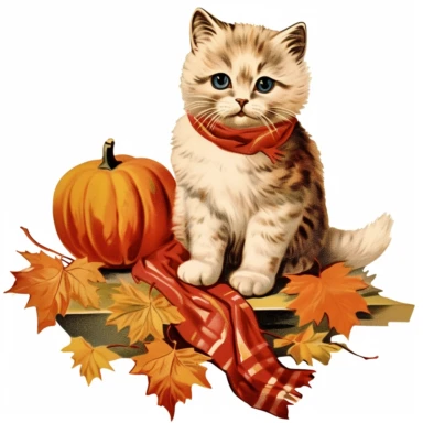 autumn themed scottish fold kitten, vintage clip art