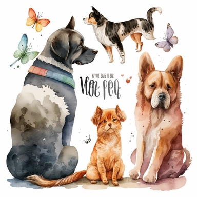 Design a Mega Dog and Cat Clipart Bundle with Watercolor Illustrations showcasing different breeds of cats and dogs. The illustrations should depict the back view of the animals sitting in a relaxed posture. The bundle should have a total of 600 images and should cater to pet lovers of all ages. The watercolor style should be vibrant, with a blend of colors and should be appealing to the eyes. Ensure that the illustrations are detailed, and each breed should be identifiable at a glance