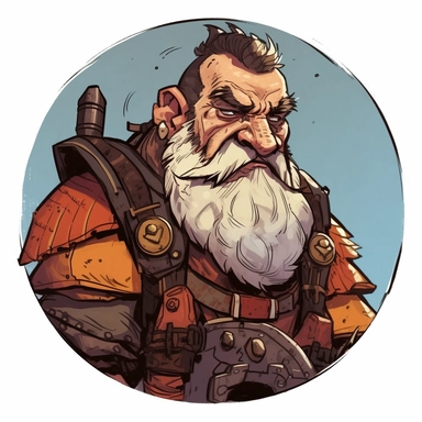 A Dungeons & Dragons character portrait circular tondo depicting a grizzled ndwarven dwarf Indiana Jones, Craig Mullins Ashley Wood Bernard Buffet Josh Kirby, Mad Max Lord of the Rings Discworld, handpainted punk zine indie retrowave, clipart illustration, circular solid background circular border
