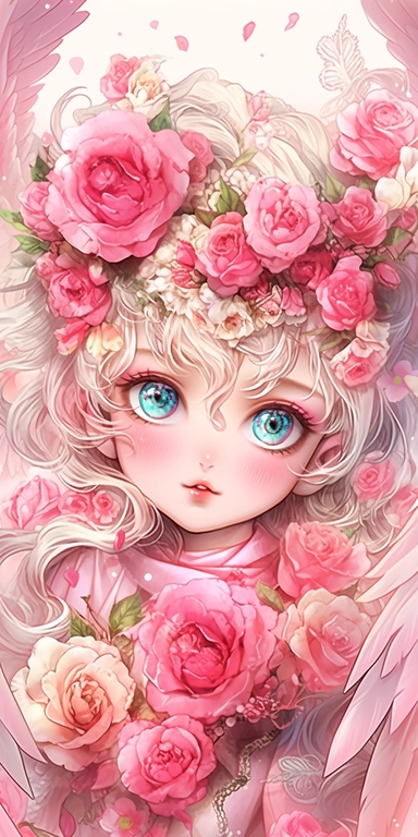 Watercolor beautiful wild roses fantasy forest angel girl with beautiful face and big eyes with flowers, with angel wing, chibi kawaii animated style, vivid vibrant colors, intricate detail, hyper detailed, hyper quality, 32K, unreal engine, isolated on white background, kawaii, clipart