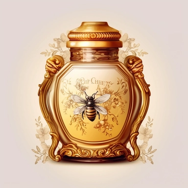 A honey jar with a golden label, adorned with intricate honeycomb patterns and floral motifs, exuding elegance and sophistication. (Digital drawing clipart, image black border color, full body, flat texture, transparent background)