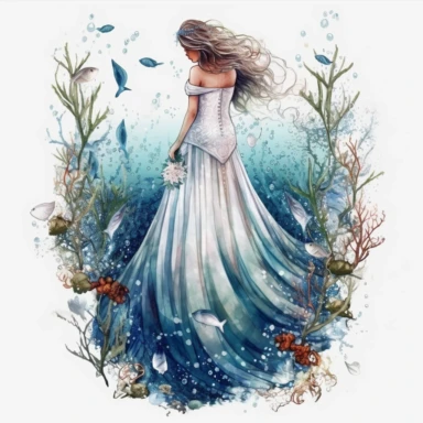 mermaid wearing a white wedding vale, mermaid tale poking out from the bottom of the dress, ocean elements, sparkling magic ocean, fantasy, magic, Fantasy Clipart, PNG Clipart, Illustration clipart, white background, vivid color, 4K, extremely detailed