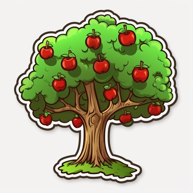 Isometric Sticker Clip Art of Apple Tree, children friendly, illustrated in a playful style, perfect for any special occasion, cut out in the shape of an Apple Tree, with no visible background, giving it the appearance of a sticker, conveying a mystical and whimsical mood, edited with Adobe Photoshop to adjust brightness and contrast, rendered as a transparent PNG file with a high resolution to ensure a crisp and clear image with no pixelation, suitable for various applications such as scrapbook