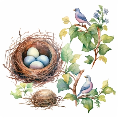 handprinted Watercolor Bird Nests Clipart, flowers, and leaves, 3 eggs on the nest and the bird sit beside on the nest. mother bird sitting beside of nest.