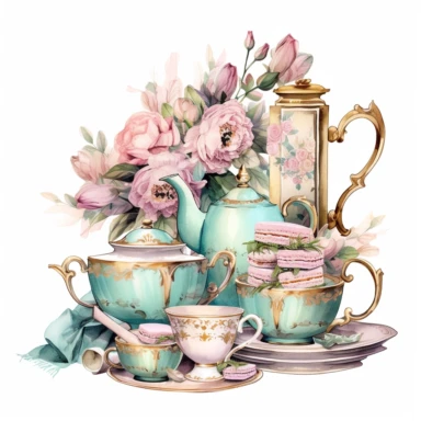 Make a clipart of a shabby chic, fairytale watercolor victorian party tea, nook, bright pastel colors of turquoise, green and pink, gold accents, rococo, black outlines, hd, white background