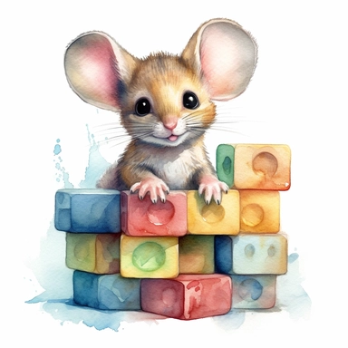 a cute baby mouse playing with building blocks, highly detailed, watercolor, clipart