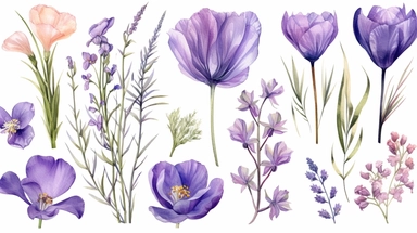 Watercolor violet flowers clipart. Purple floral element set. Anemone, tulip, iris, crocuses, lavender, hyacinth. Botanical illustration for cards, wedding invitation, and other decoration.