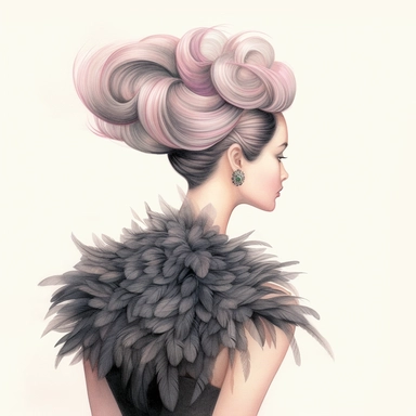 A color pencil illustration of a sophisticated fashion girl, adorned in a unique Haute Couture creation featuring oversized ruffles and dramatic feather accents, stands with her back towards us, her face obscured, showcasing a sleek chignon hairstyle. Clipart, color pencil illustration.