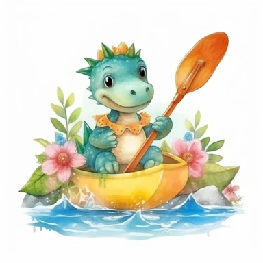 a cute dinosaur sitting in Kayak clipart,summer concept,watercolor illustration, high definition, white background for removing background- - no text shadow font watermark