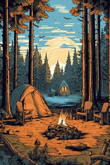 camping scene with campfire, chairs, and tent in the woods during the summer months. vector clip art illustration, detailed, rustic