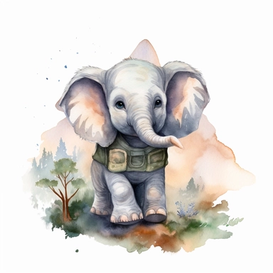 Create a watercolor illustration clipart of a playful cute Baby Elephant Hiking on a mountain, with its full body visible. Use soft, flowing brushstrokes and a warm, inviting color palette to create an image that is both charming and whimsical. Incorporate intricate details like the motion of Baby Elephant Hiking on a mountain to create a lifelike, realistic image. Can add other elements to the illustration like related item to play to create playful scene. Use white background to allow the wate