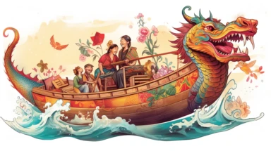 a clipart image of a chinese dragon boat with two people on board, in the style of colorful muralist, childlike illustrations, jacob jordaens, children's book illustrations, mixes realistic and fantastical elements, close-up intensity, joyful celebration of nature,32k uhd