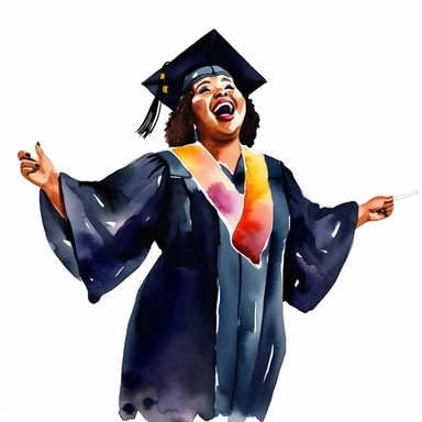 watercolor fat black female student graduation clipart on a white background