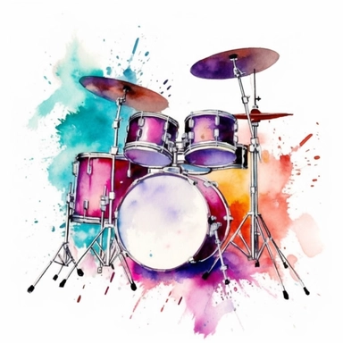 watercolor clipart, one individual drum set, vibrant splash of color, white background