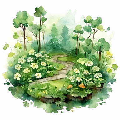 cute adorable fairy garden, green clover forest garden with four leaf clovers, watercolour illustration, soft light, fairy garden clovers, clipart