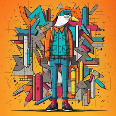 cartoon clipart of a person carrying a pencil in his pocket, in the style of graffiti-inspired illustrations, verdadism, life-like avian illustrations, toy-like proportions, bold color-blocked compositions, strong line work, quito school