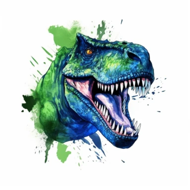 realistic green t-rex with blue watercolor clipart, minimalist, bright colors, isolated white background, 8k
