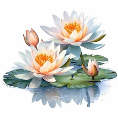 lotus flowers with orange blossoms floating on the water artistic watercolor with a delicate touch with shadow gradation white background clipart high quality 8k hyper detailed