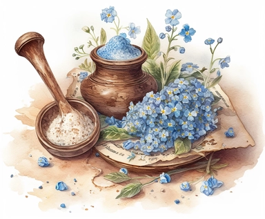 illustration watercolor art of forget-me-nots baking ingredients Dough Flour Butter Cinnamon, provence, meadow, many small and colorful particles, masterpiece by Jean-Baptiste Monge style and by Ivan Fedorovich Choultse style and Hans Zatzka style and Vladimir Kush style, rococo style, PNG clipart, isolated on white, extreme photorealistic details, 32k HD resolution, realistic high detailization high resolution