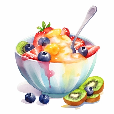 Fruit salad, yogurt and a spoon, Watercolor, cottagecore, pastels, clipart, beautiful, colourfull, png transparent white background, high resolution, no caption q4 s2