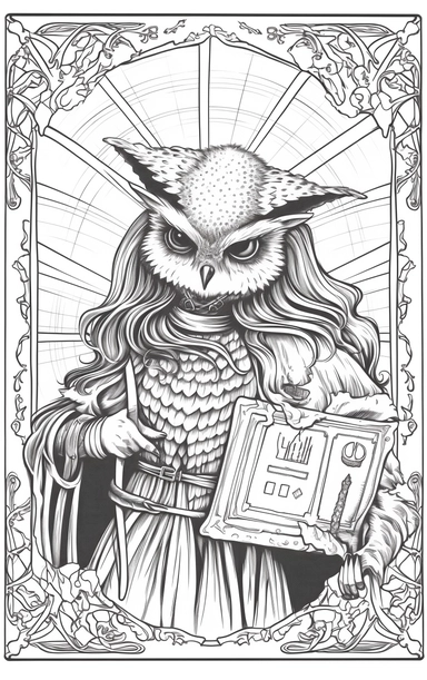 Coloring cartoon page for adult,witch clipart 6 witches, owl, in the style of reimagined by Dr. Seus, mystic mechanisms, illusory images, witchcore, lith printing ,clear and clean line art, white background