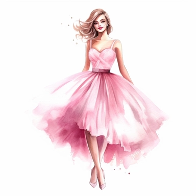 Watercolor girl wearing pink elegant party dress drawing, illustration clipart, high detailed, white background, digital art