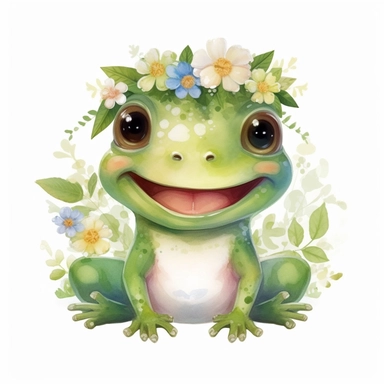 Cute happy smiling frog, clipart with watercolor illustration, cartoon style, flowers on head, smiles, childish, disneyartwork, high solution, white background