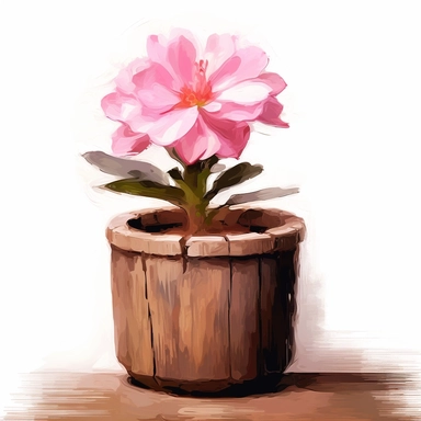 pink Flower inside a brown wood Pot Clipart in the style of oil painting, clean lines on a white background