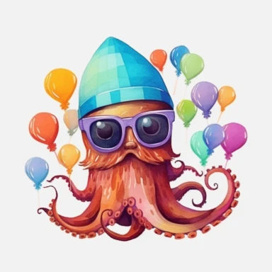 watercolor octopus clip art, sunglasses, birthday hat, in the style of whimsical storytelling, storybook illustration minimal, graphic illustration, matte colors, 2d flat, vector, transparent background