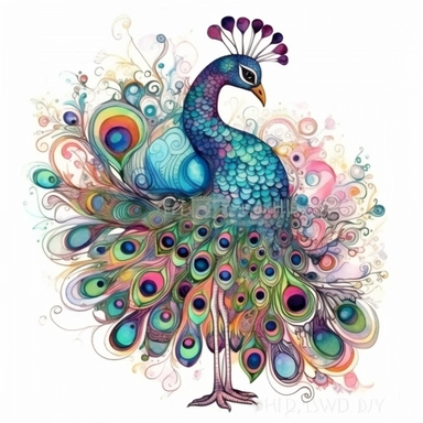 Funny colorful cartoon peacock like a pompon clipart with big beautiful eyes and long beautiful legs, distinct fine details, watercolor technique, black contour lines