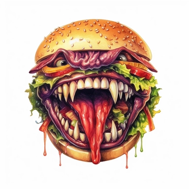 An intricate watercolor of the face of a hamburger demon. watercolor, white background, clipart, ultra high detail, ultrarealistic